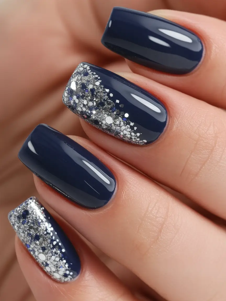 february nails ideas designs Navy Snowfall Short Square Sparkle