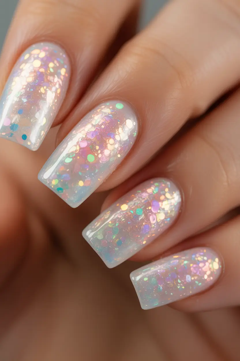 february nails ideas designs Iridescent Snowfall Square Sparkle