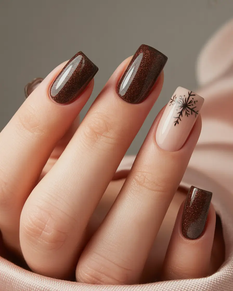february nails ideas designs Brown Cocoa Snowflake Chic