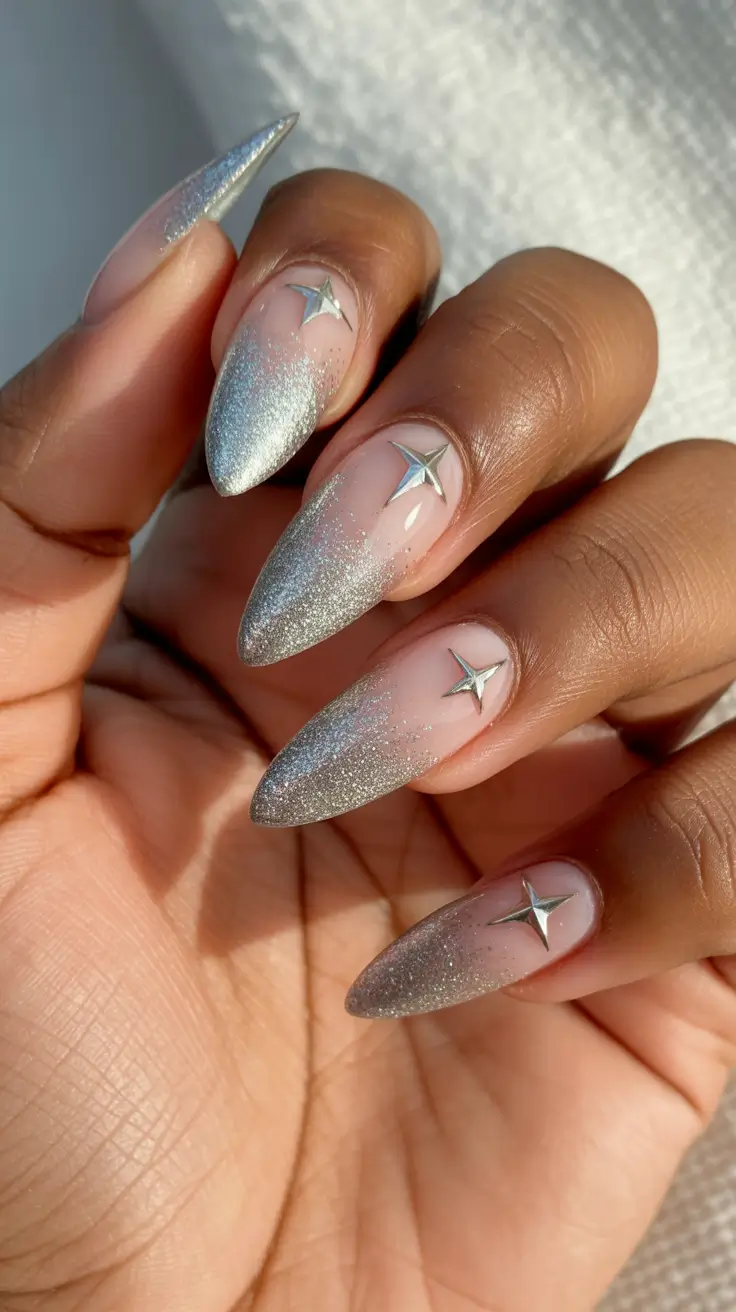 february nails ideas designs Starry Silver Almond Illumination