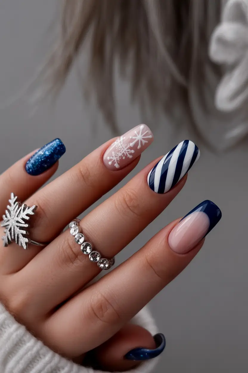 february nails ideas designs Snowfall Navy Winter Mix