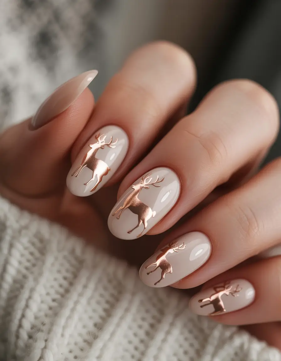 february nails ideas designs Winter Rose Gold Reindeer Elegance