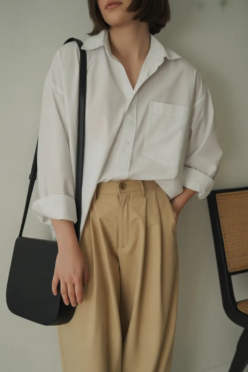 natural spring wardrobe inspiration 2026 Crisp Shirt And Tailored Trousers With Elevated Simplicity