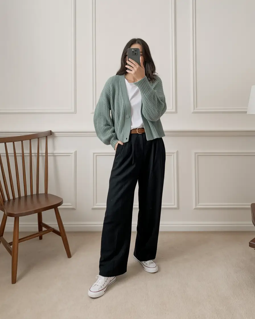 natural spring wardrobe inspiration 2026 Soft Green Cardigan With Relaxed Black Trousers