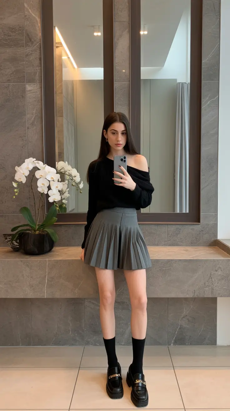 natural spring wardrobe inspiration 2026 Pleated Mini And Off Shoulder Knit For A Modern Classic Mood