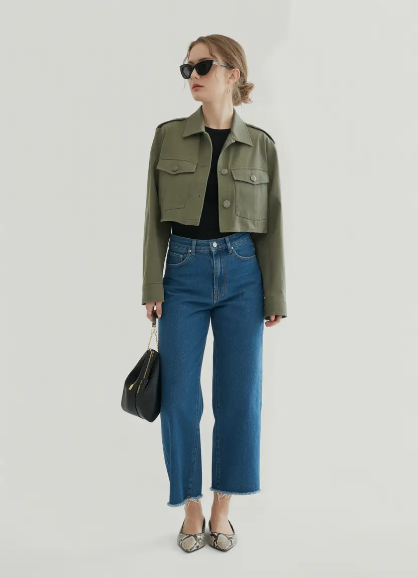 natural spring wardrobe inspiration 2026 Military Inspired Cropped Jacket With Modern Denim