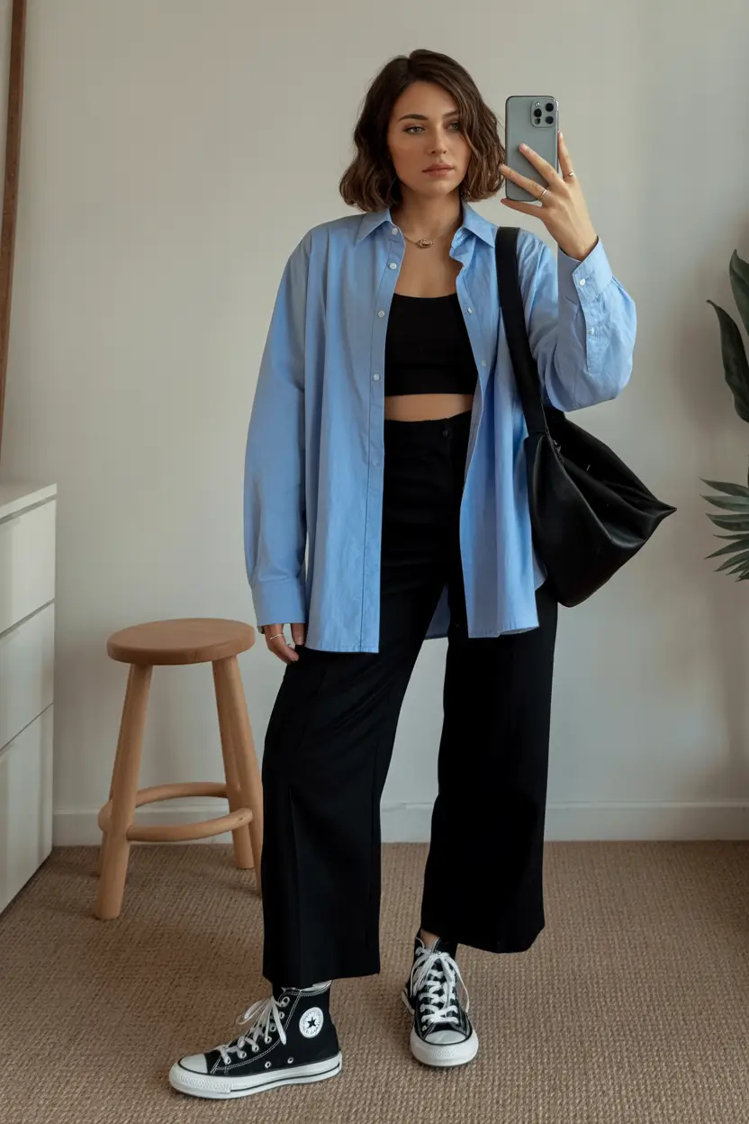 natural spring wardrobe inspiration 2026 Relaxed Shirt Styling With Sporty Contrast