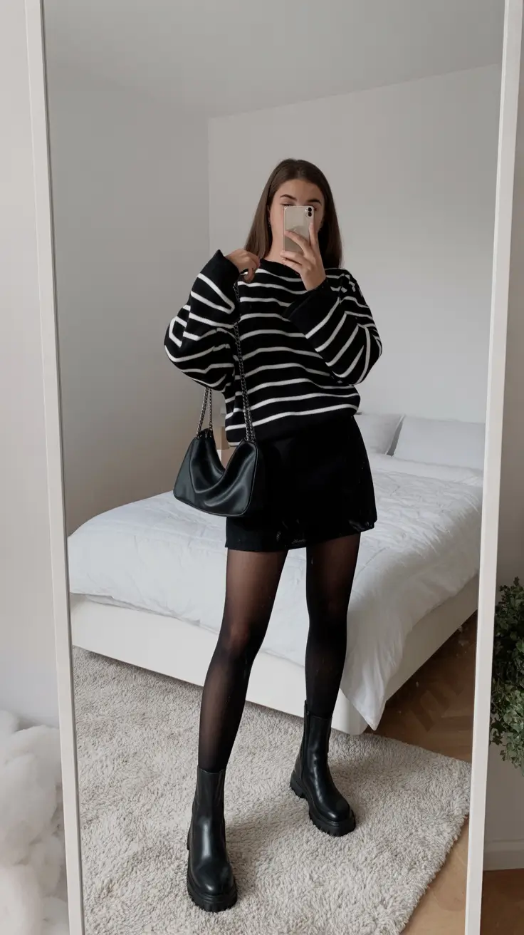 february-outfits-ideas Minimalist Striped Sweater and Mini Skirt Look