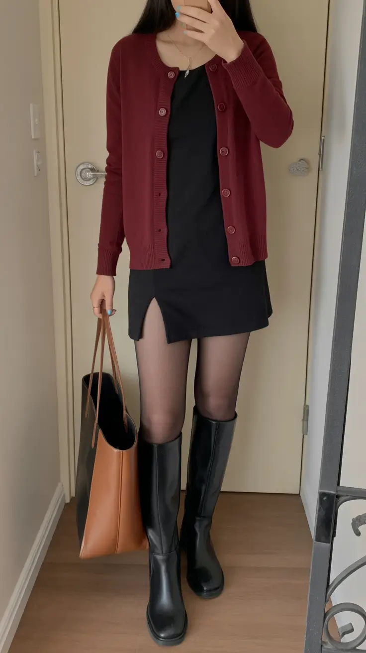 february-outfits-ideas Burgundy Cardigan with Classic Black Mini