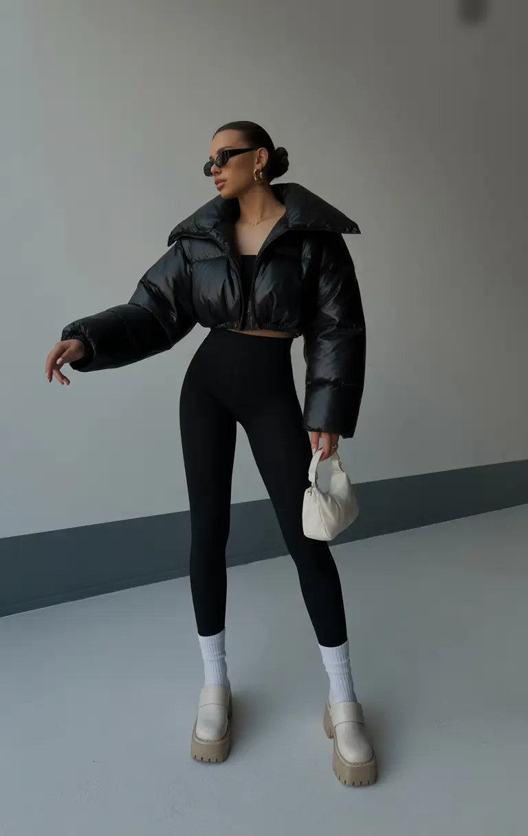 february-outfits-ideas Cropped Puffer with Sleek Monochrome Base