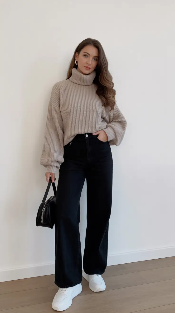 outfits-ideas-in-february Soft Taupe Sweater with Clean Denim