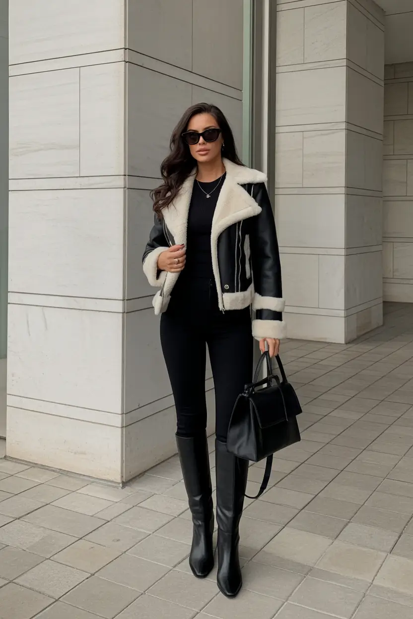 outfits-ideas-for-february Shearling Trim Elegance with All Black Base