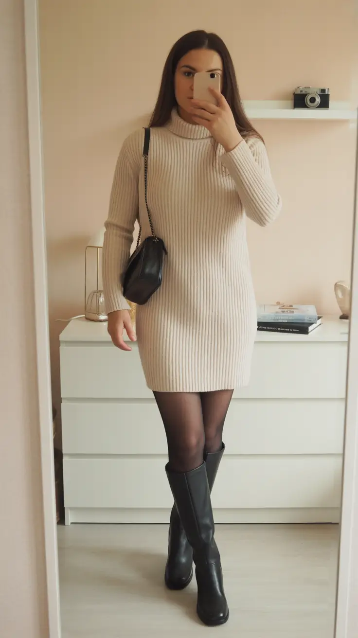 february-outfits-ideas Soft Knit Dress with Classic Black Boots
