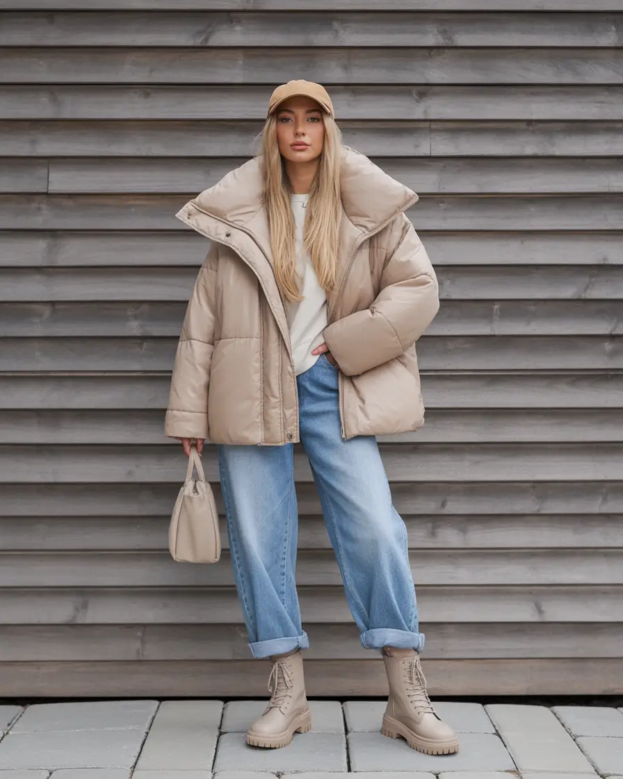 outfits-ideas-for-february Puffer Comfort with Relaxed Denim