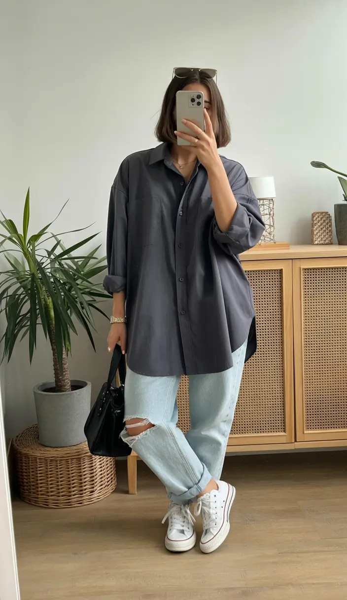Simple Every Day Spring Outfits 2026 Oversized shirting with denim for an elevated casual routine