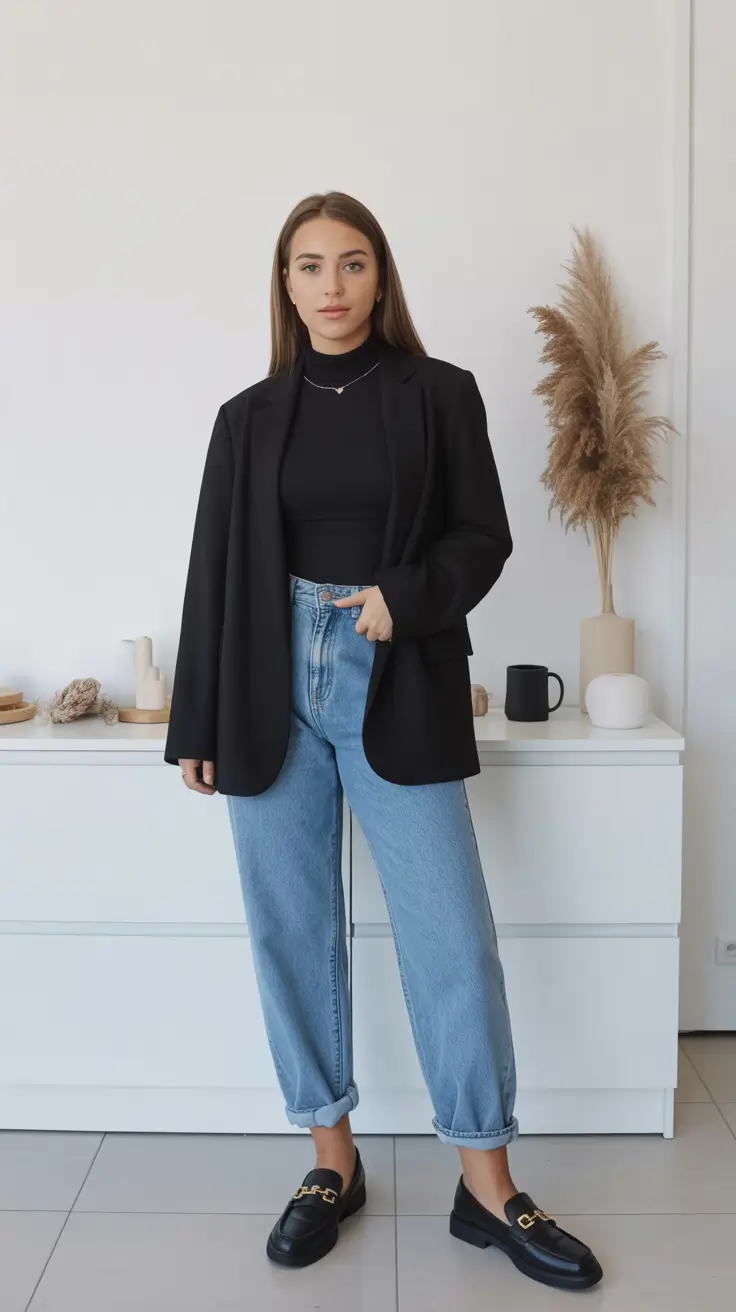 Simple Every Day Spring Outfits 2026 Classic black layering elevated with modern denim