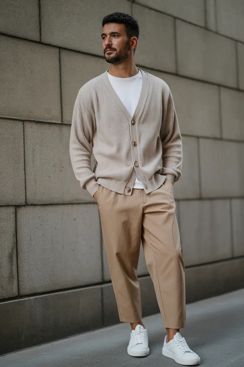 smart spring outfits for men 2026 Soft Cardigan Layers With Warm Neutral Grounding