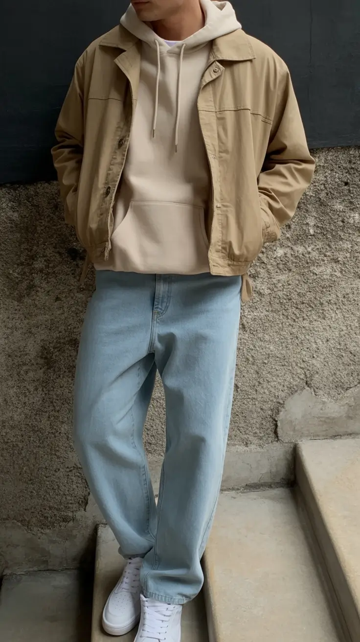 smart spring outfits for men 2026 Layered Neutrals With Light Denim Movement