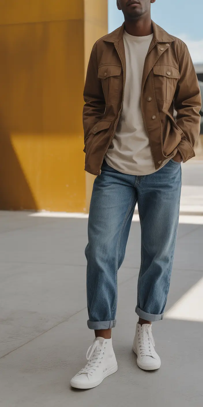 smart spring outfits for men 2026 Earthy Jacket Vibes With Rolled Denim