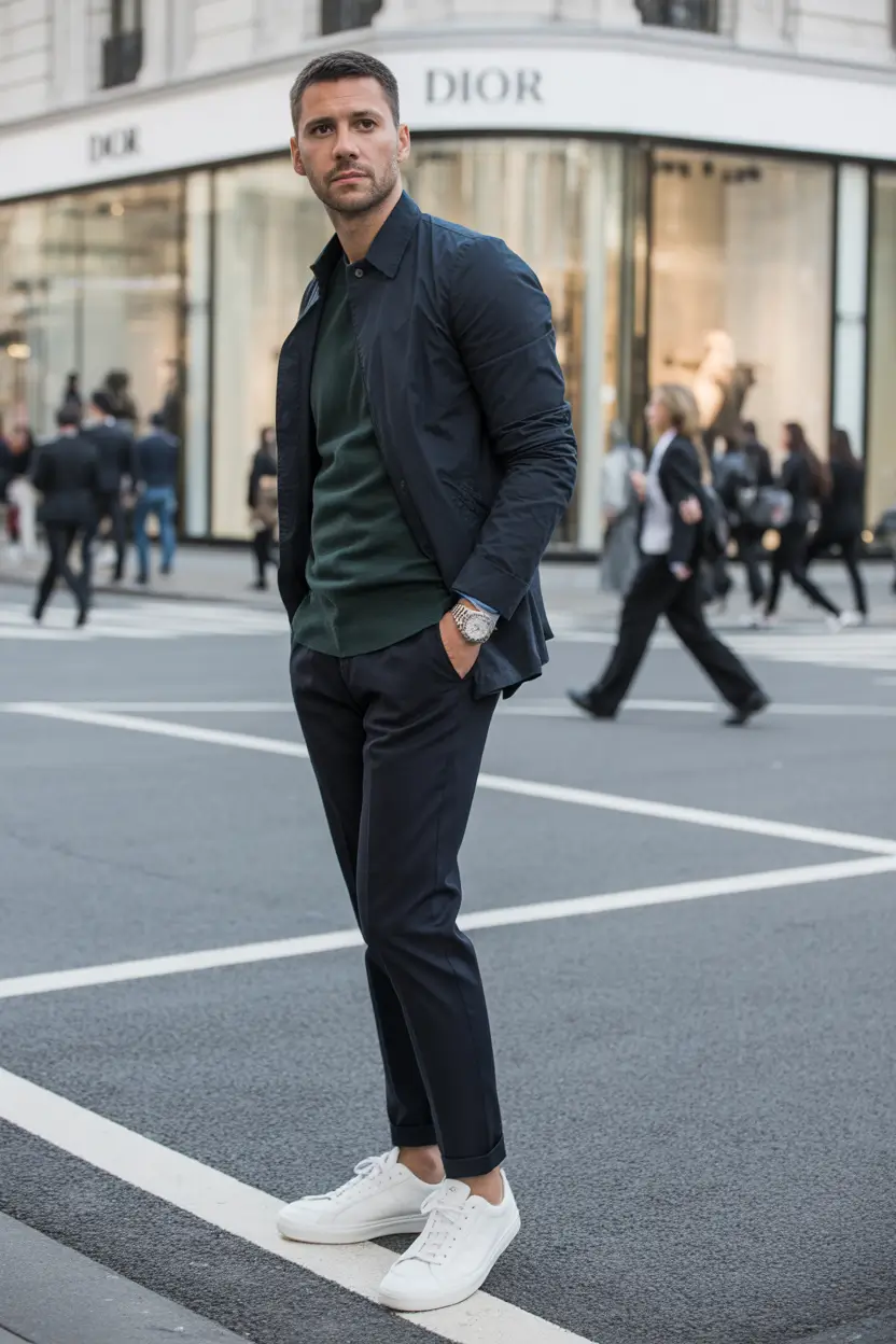 smart spring outfits for men 2026 Urban Navy Layers With Tailored Ease