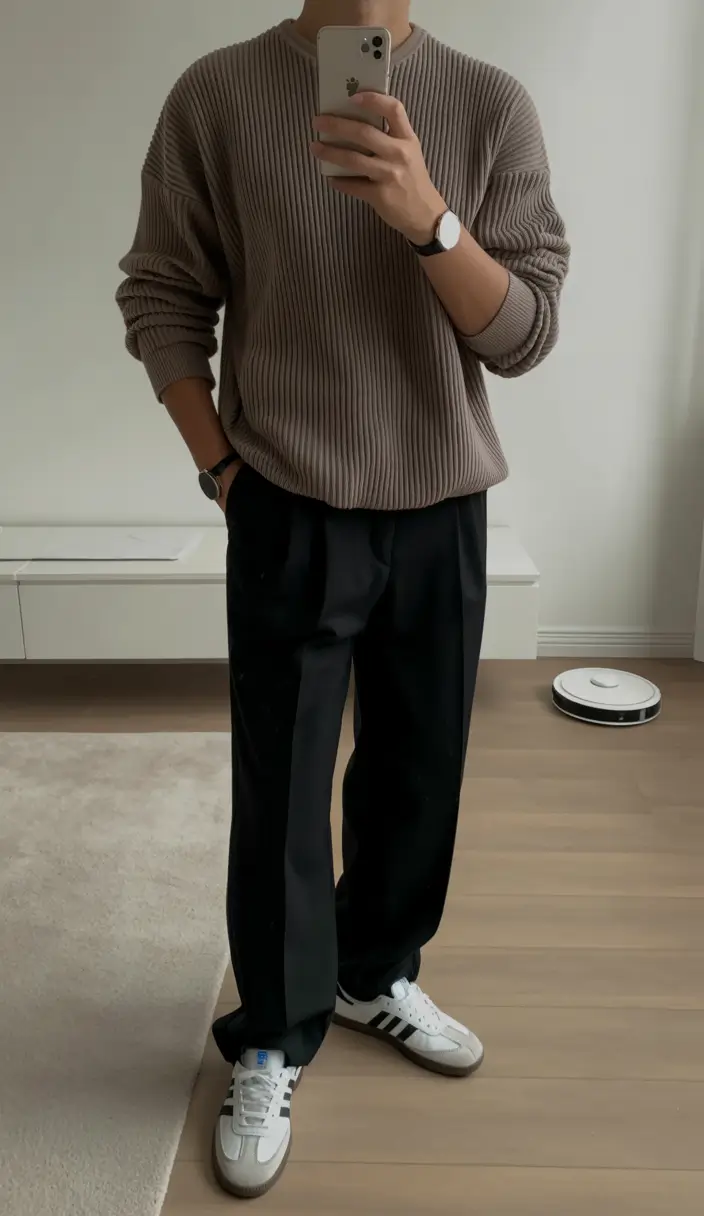 smart spring outfits for men 2026 Neutral Knit Sophistication With Black Tailored Pants