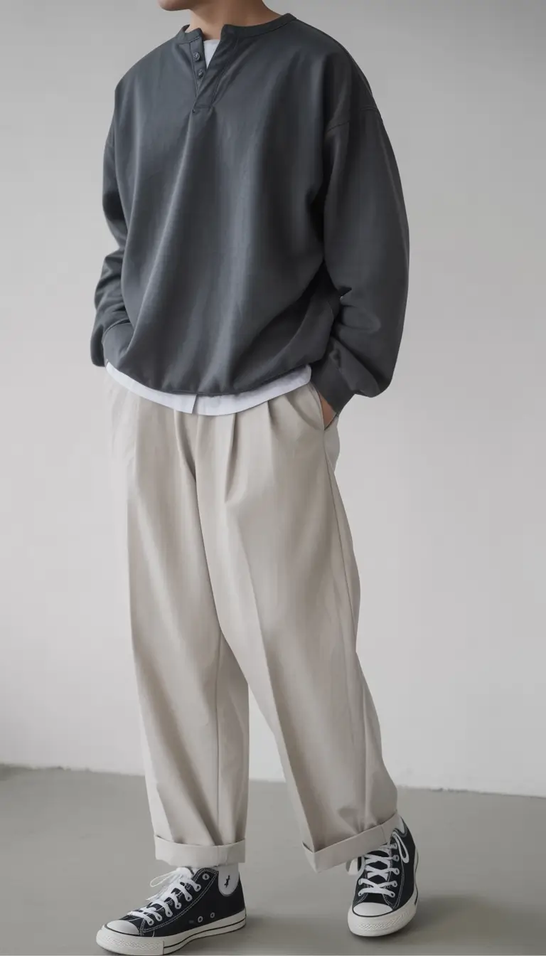 smart spring outfits for men 2026 Relaxed Minimal Grey With Soft Volume and Sneakers