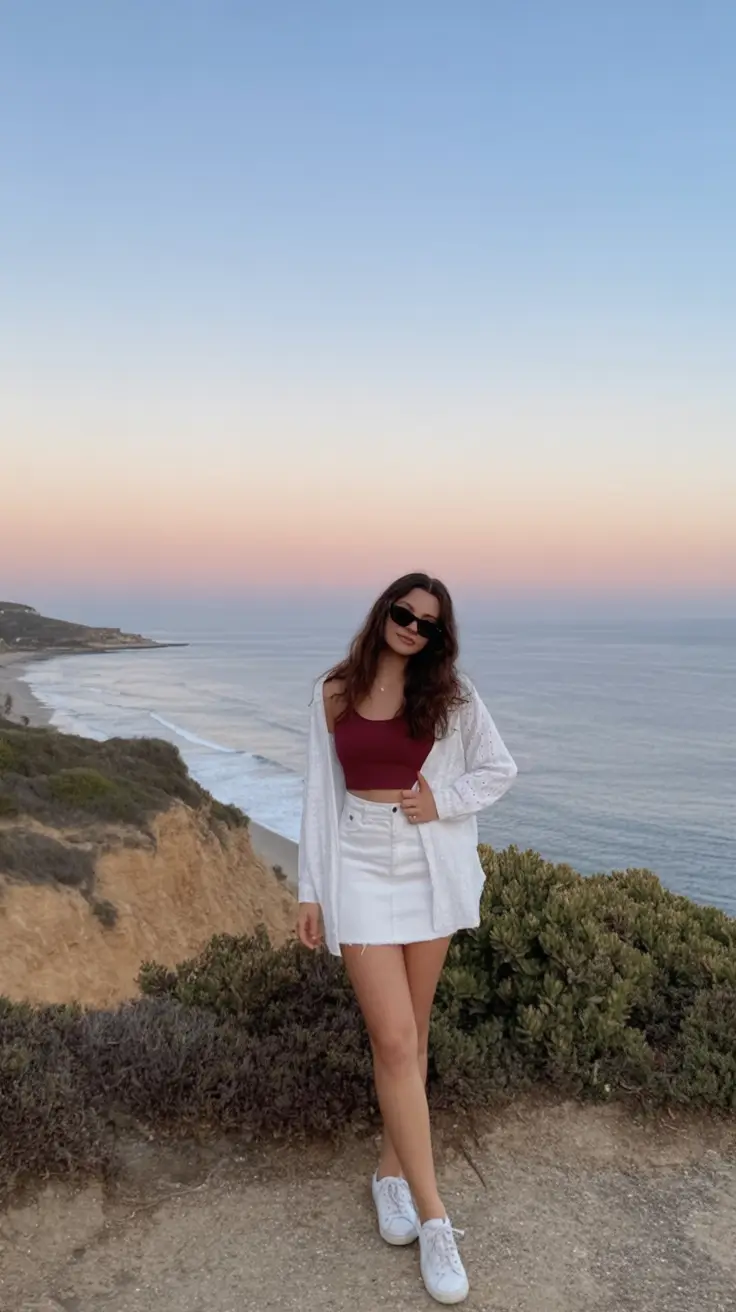 stunning spring break outfit 2026 Sunset Coast Mood With Clean White and Warm Wine Tones