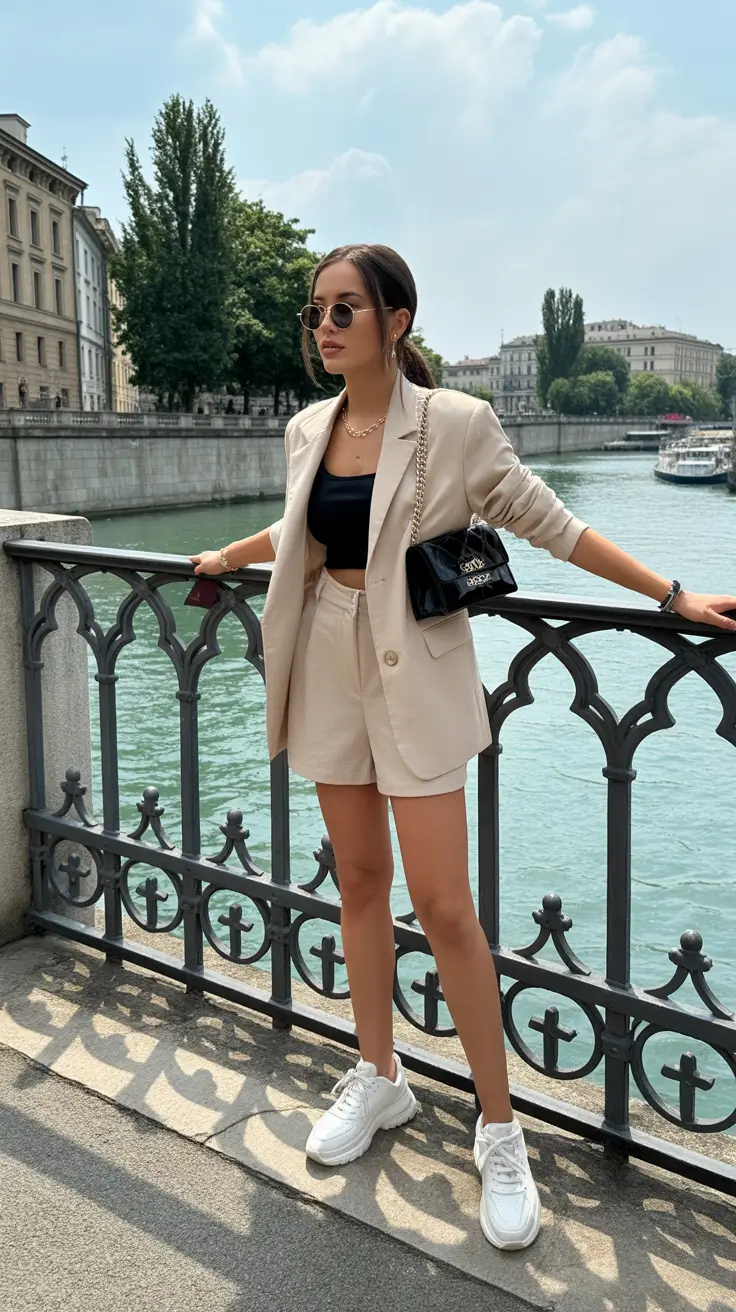 stunning spring break outfit 2026 Tailored Shorts Suit With a Sleek Urban Glow