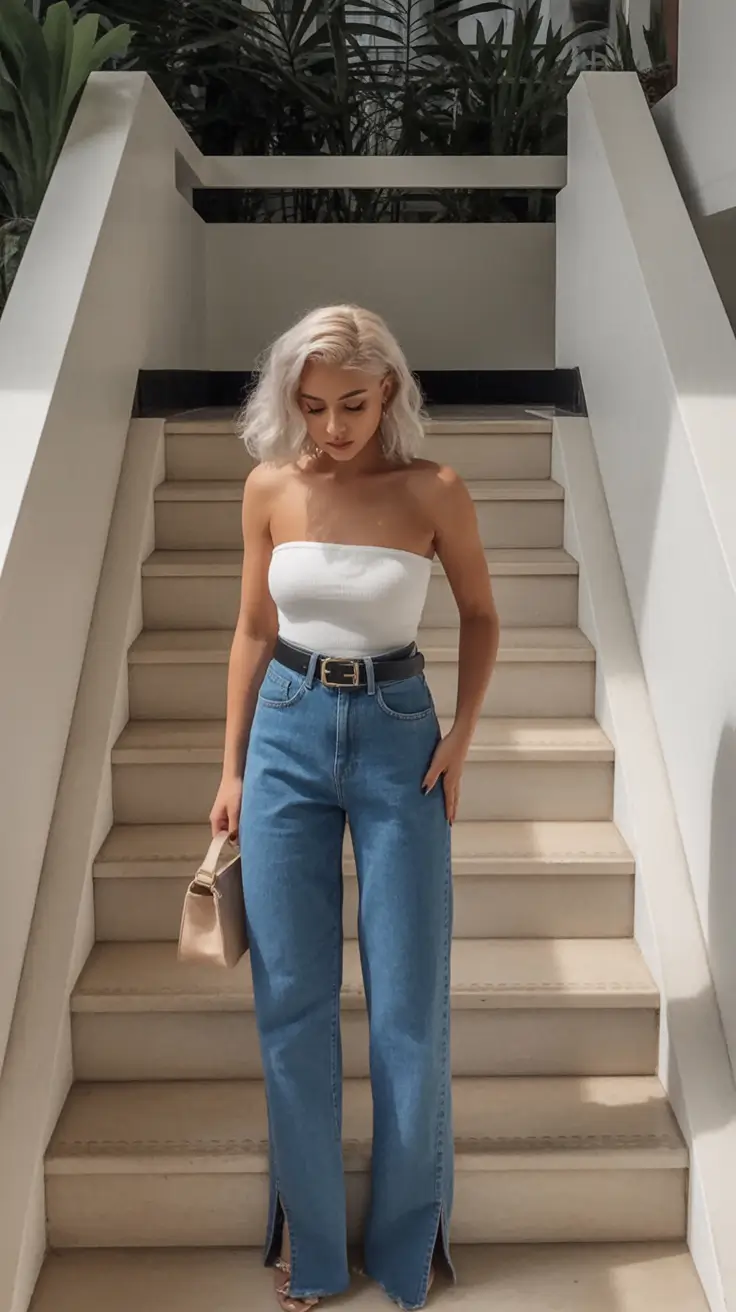 stunning spring break outfit 2026 Strapless Chic With Clean Denim Balance