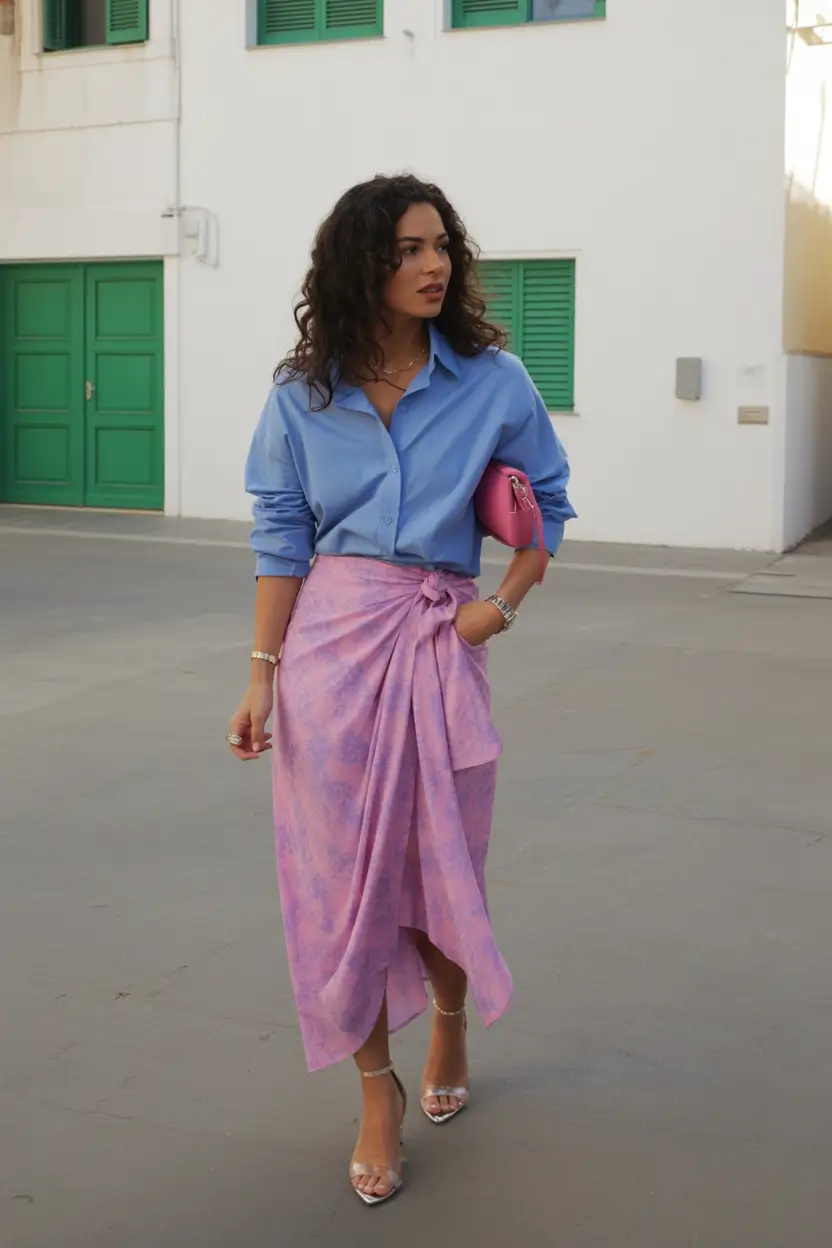 stunning spring break outfit 2026 Color Harmony With A Playful Wrap Skirt Twist