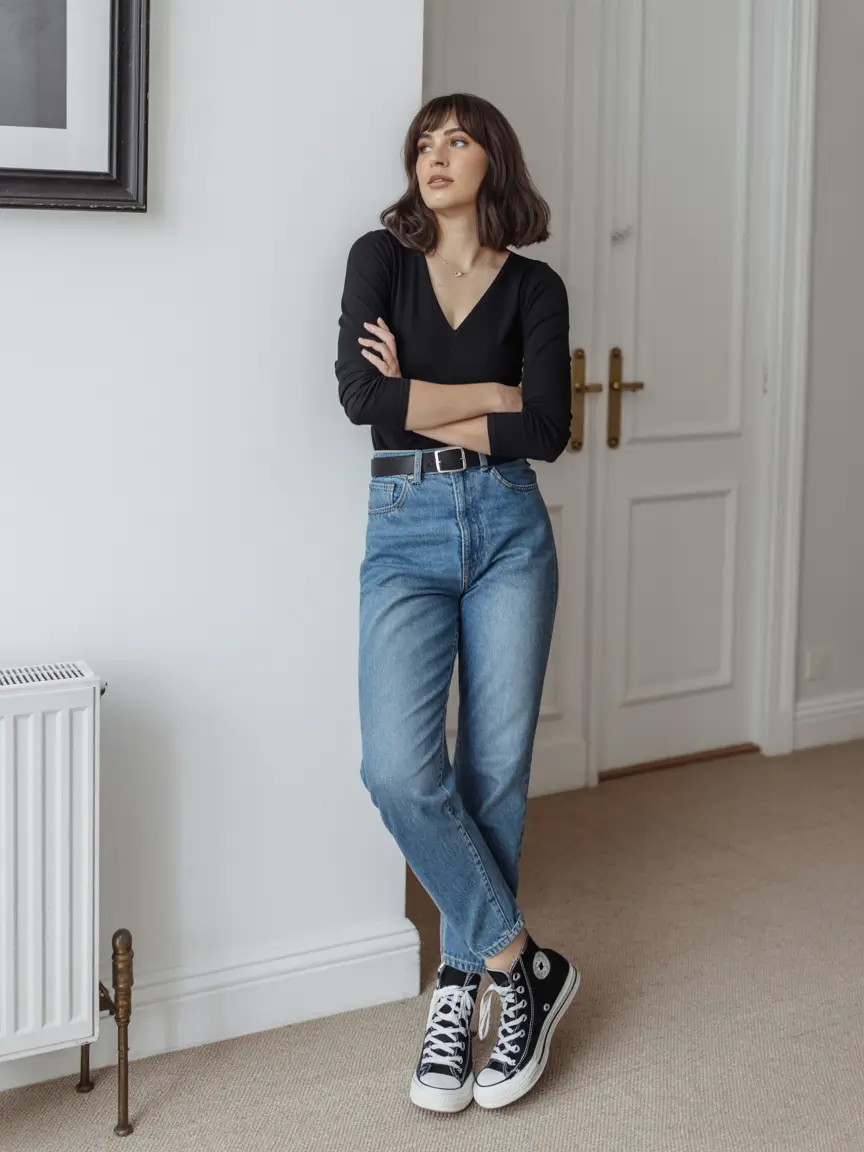stylish spring outfits for sunday 2026 Classic Black and Denim for an Effortlessly Cool Sunday