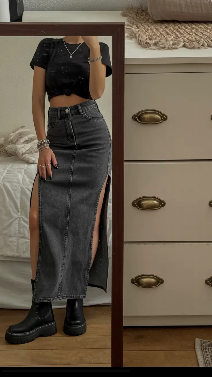 stylish spring outfits for sunday 2026 Edgy Denim Skirt Style for a Confident Sunday Look
