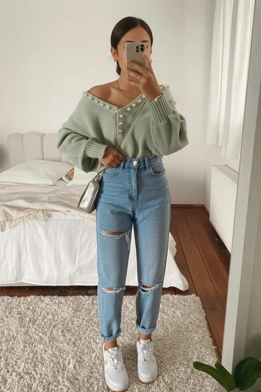 stylish spring outfits for sunday 2026 Pastel Pearl Knit for a Cozy Yet Chic Spring Sunday