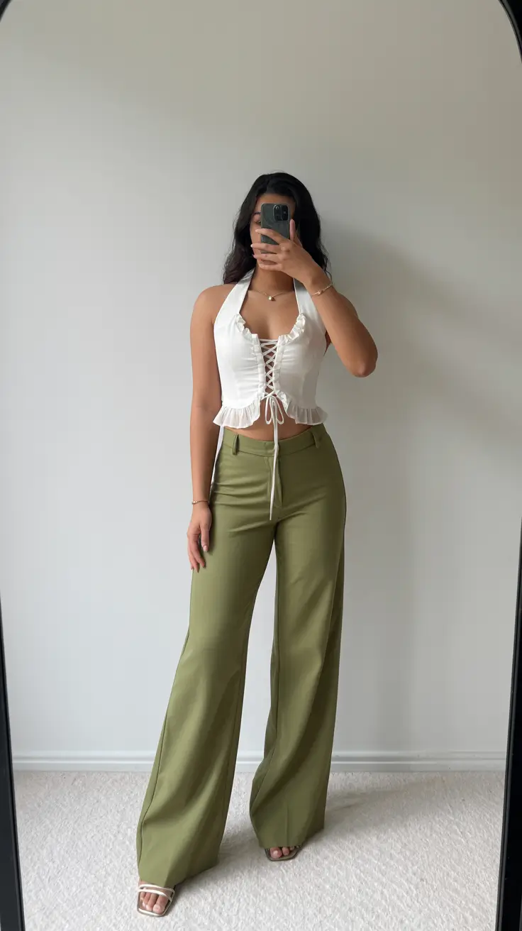 stylish spring outfits for sunday 2026 Fresh Halter Look with Wide Leg Trousers