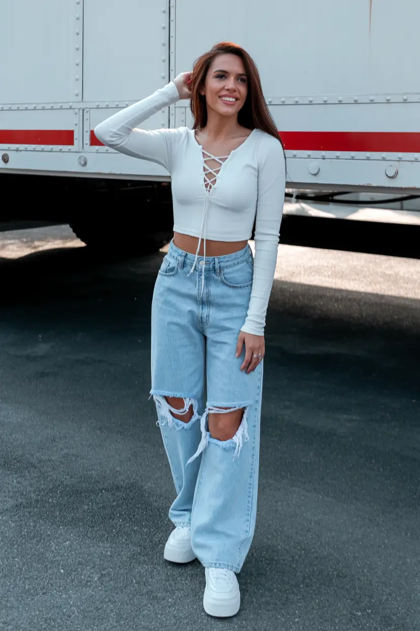 stylish spring outfits for sunday 2026 Relaxed Denim and Lace Up Top for a Chill Funday