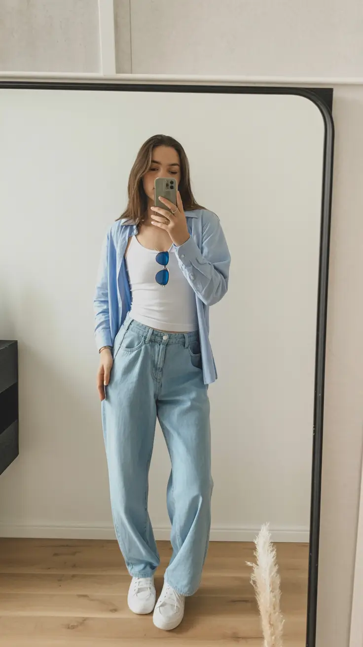 stylish spring outfits for sunday 2026 Coastal Blue Layers for a Relaxed Spring Morning