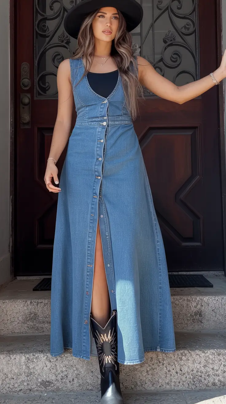 stylish spring outfits for sunday 2026 Western Inspired Denim Dress for a Confident Spring Sunday