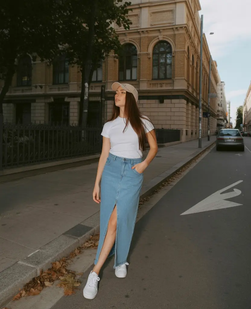 top spring outfits for vacation 2026 Denim Slit Skirt with a Clean White Tee