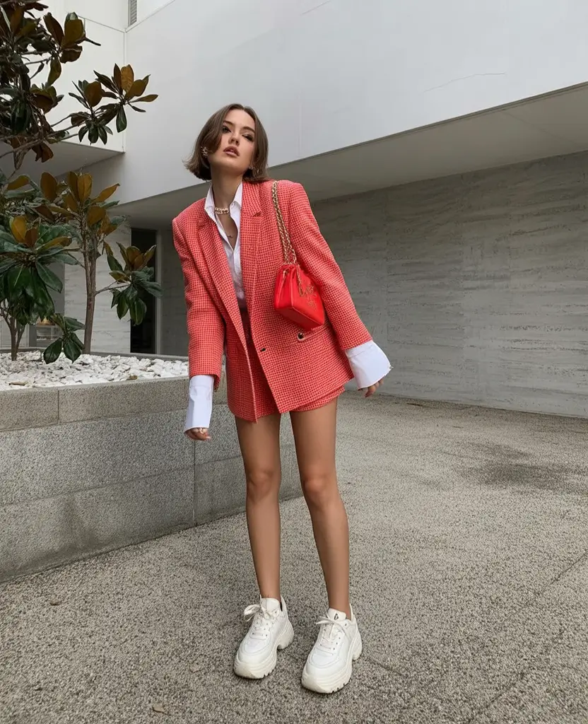 top spring outfits for vacation 2026 Coral Tweed Set with Bold Accessories and Chunky Sneakers