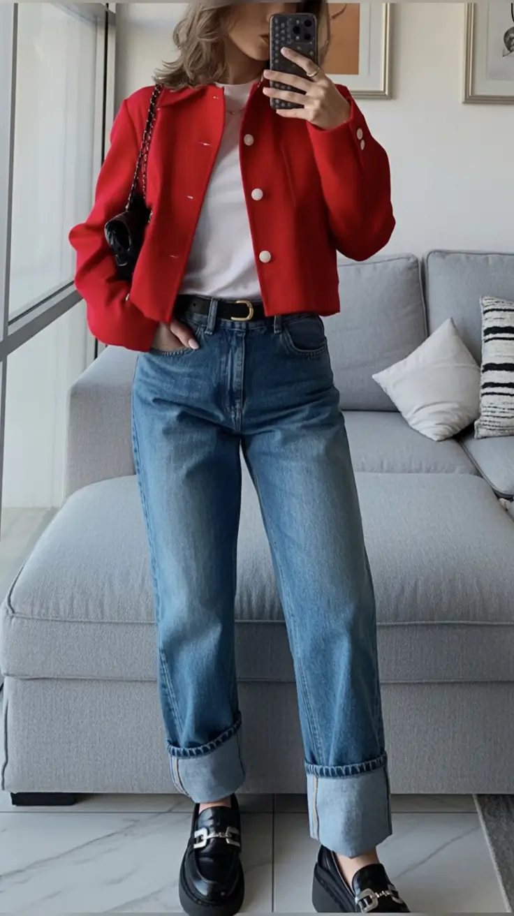 top spring outfits for vacation 2026 Red Spring Jacket with Cuffed Denim and Polished Loafers