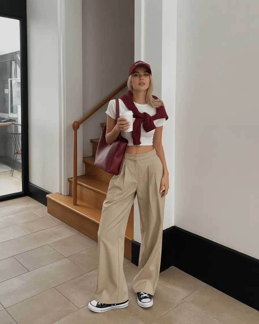 top spring outfits for vacation 2026 Crop Tee with Wide Leg Trousers and Rich Wine Accents
