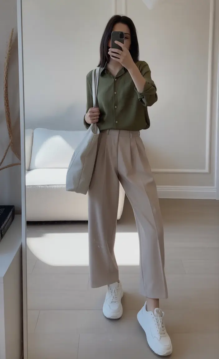 top spring outfits for vacation 2026 Olive Shirt with Soft Tailored Neutrals