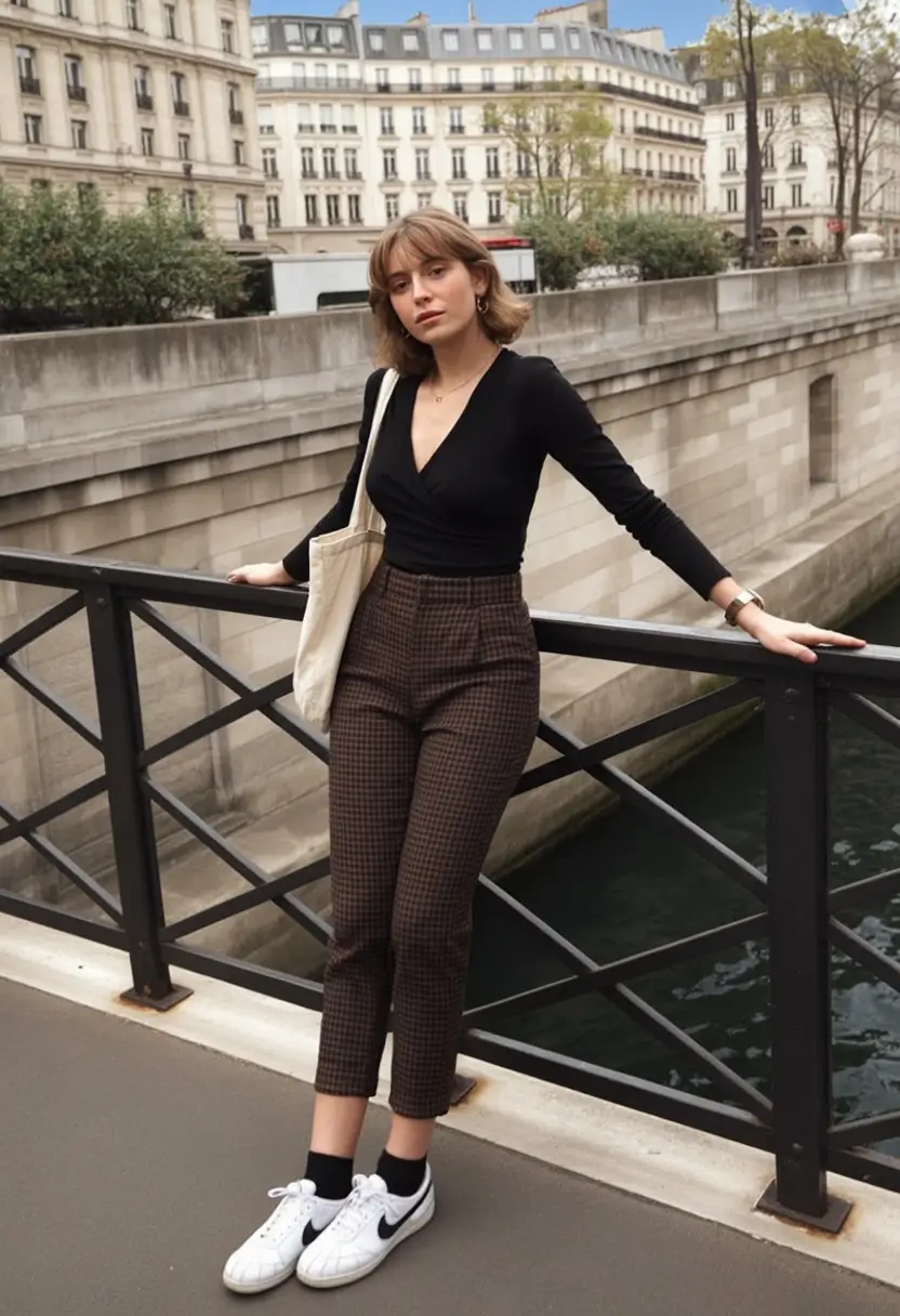 top spring outfits for vacation 2026 Parisian Inspired Wrap Top with Check Trousers
