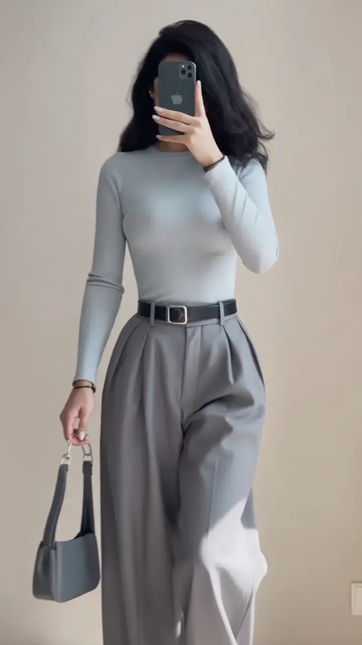 top spring outfits for vacation 2026 Monochrome Grey Elegance with Structured Wide Leg Trousers