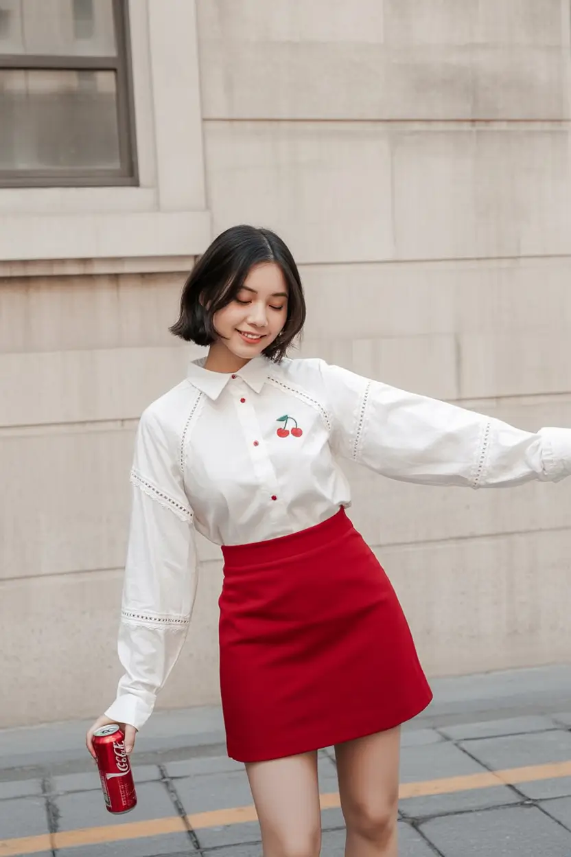 top spring outfits for vacation 2026 Playful Cherry Blouse with Bright Spring Mini