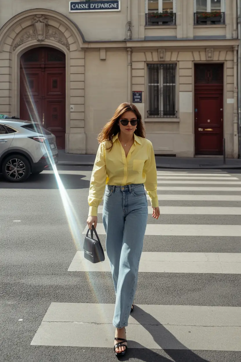 top spring outfits for vacation 2026 Sunny Yellow Shirt with Long Denim and Black Accessories