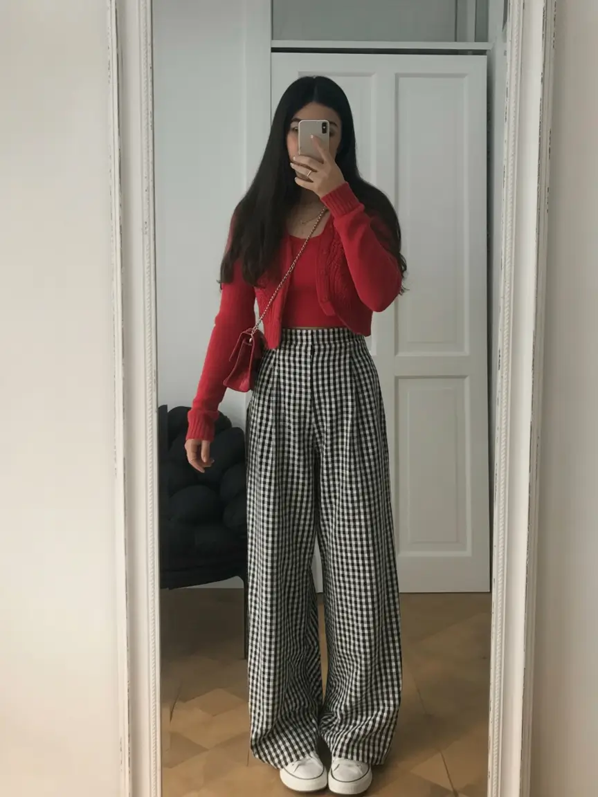 top spring outfits for vacation 2026 Red Knit Layers with Gingham Wide Leg Trousers