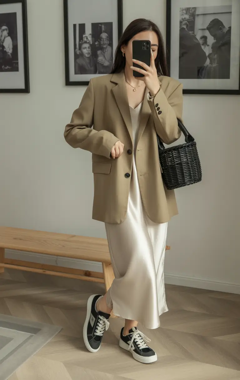 top spring outfits for vacation 2026 Silky Slip Dress with Oversized Blazer and Casual Sneakers