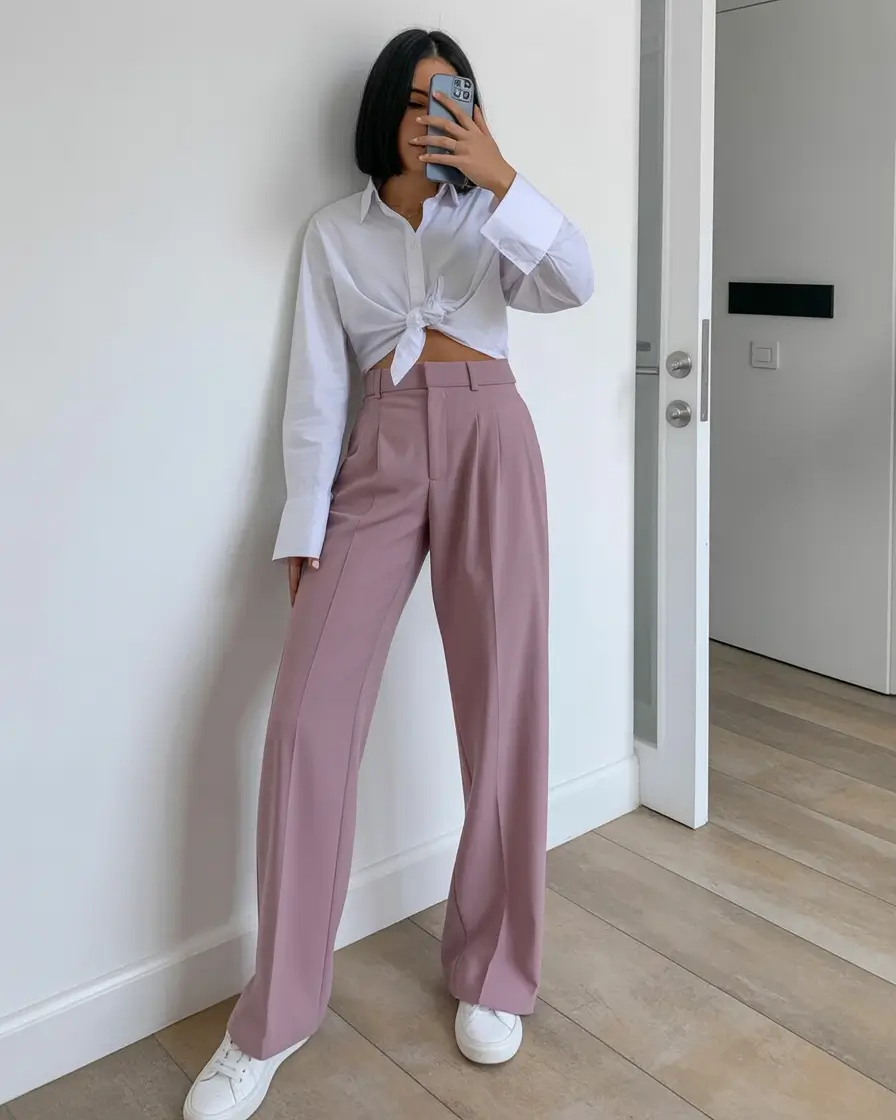 top spring outfits for vacation 2026 Soft Tailored Pants with a Tied White Shirt