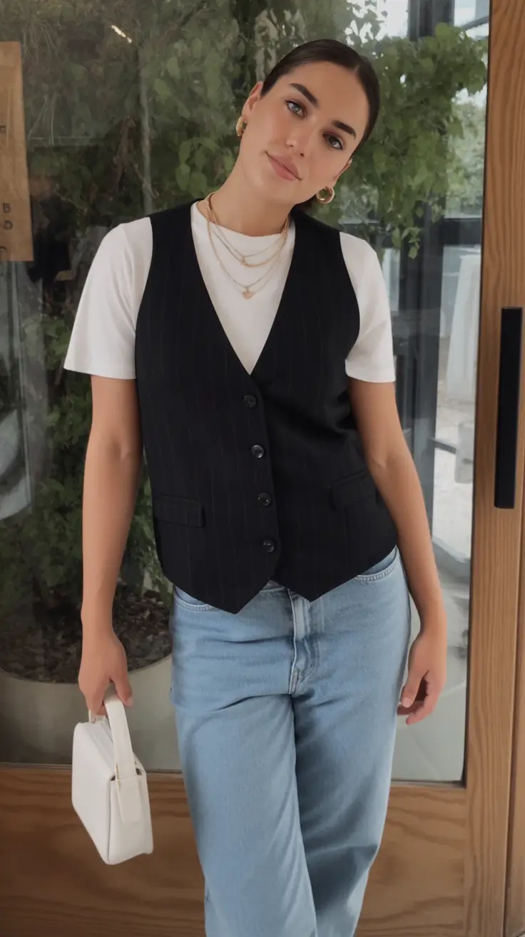 top spring outfits for vacation 2026 Tailored Vest Layering with Relaxed Spring Denim